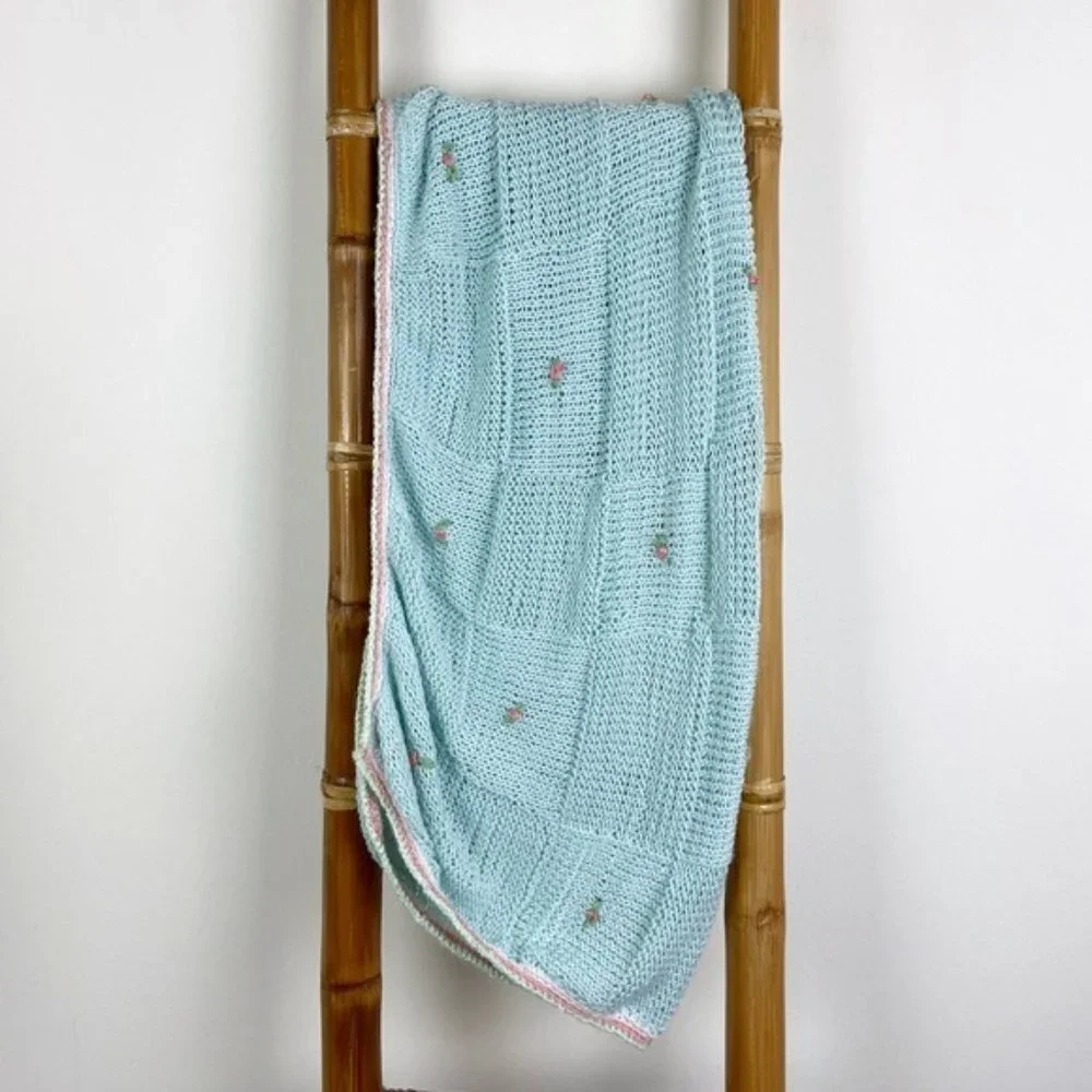 Vintage Blue Crochet Rosebud Handmade Blanket